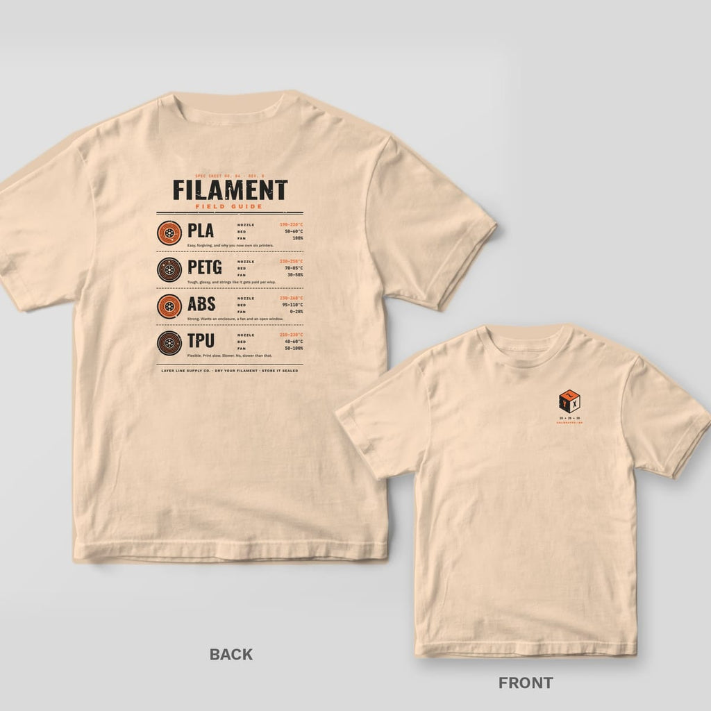 Filament Field Guide 3D printing shirt shown back and front on Ivory Comfort Colors 1717: "Filament Field Guide" spec sheet with spool icons and nozzle, bed and fan ranges for PLA, PETG, ABS and TPU, plus a one-line note for each