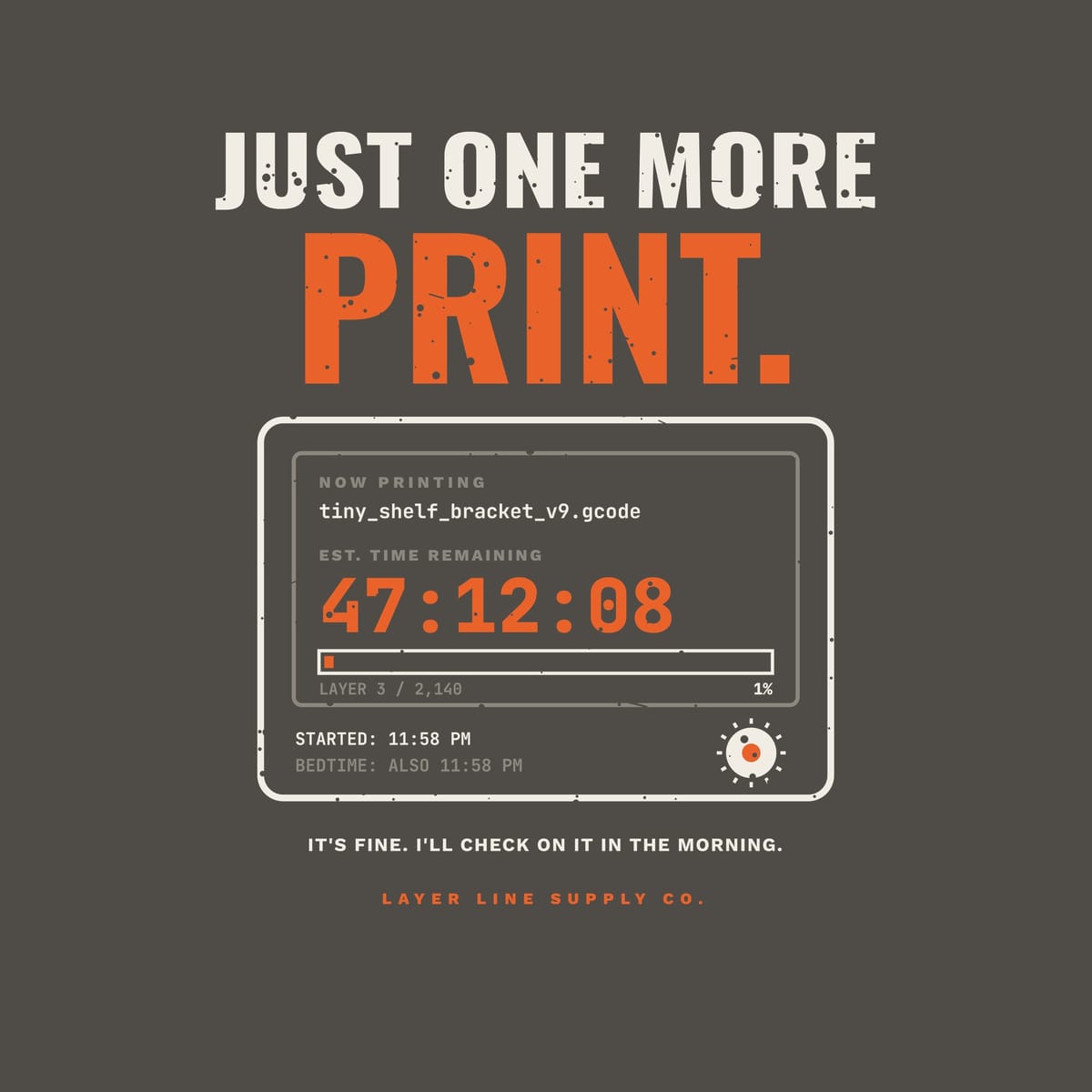 Close-up of the Just One More Print print showing off-white, orange and grey ink detail