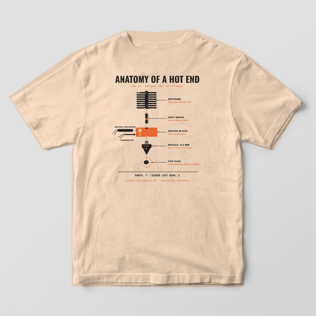 Back print on an Ivory Comfort Colors 1717 tee: "Anatomy of a Hot End" exploded diagram: heatsink, heat break, heater block with cartridge and thermistor, 0.4 mm nozzle and the clog, each with a dry one-liner