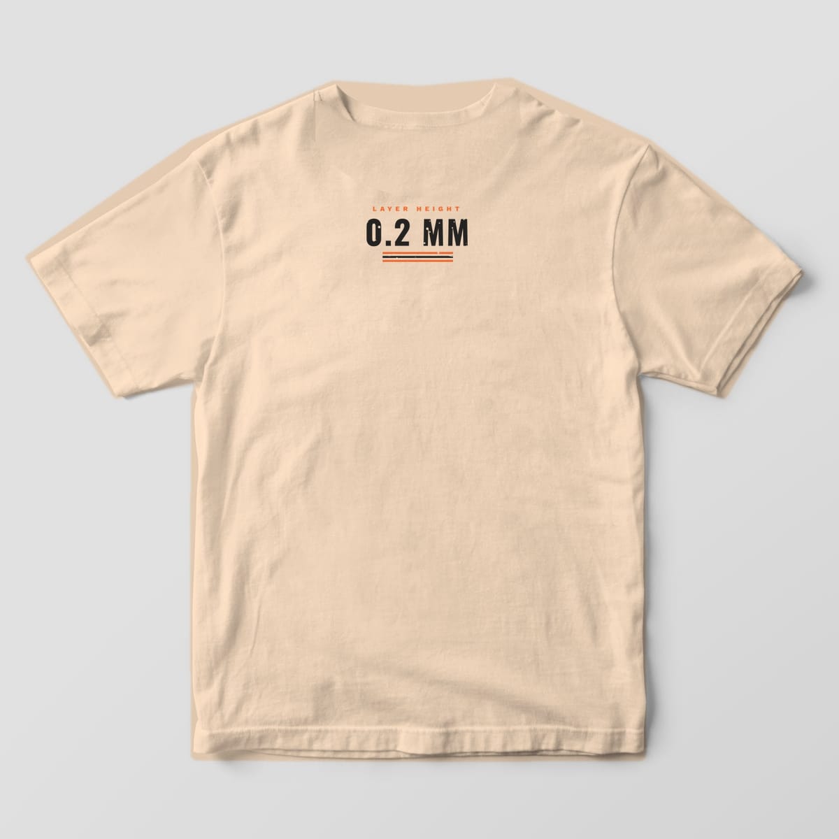 Back print on an Ivory Comfort Colors 1717 tee: Small upper-back hit: "Layer Height 0.2 MM" with orange and charcoal layer stripes