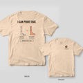 I Can Print That 3D printing shirt shown back and front on Ivory Comfort Colors 1717: "I Can Print That." over a broken original bracket and its layer-striped printed replacement, with captions and a "Weekend Status: Gone" box