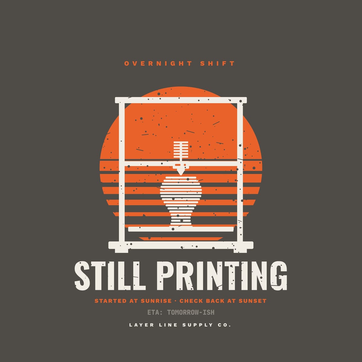 Close-up of the Still Printing Retro Sunset print showing off-white, orange and grey ink detail