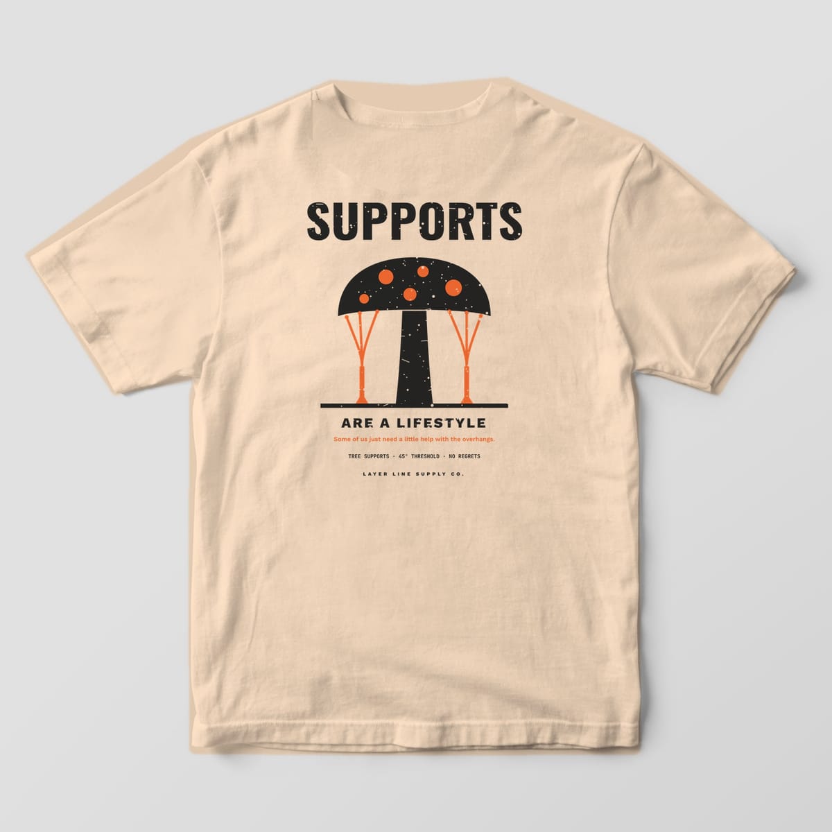 Back print on an Ivory Comfort Colors 1717 tee: Big "Supports" over a mushroom-shaped print on branching orange tree supports, "Are a Lifestyle" below with "Tree Supports · 45° Threshold · No Regrets"