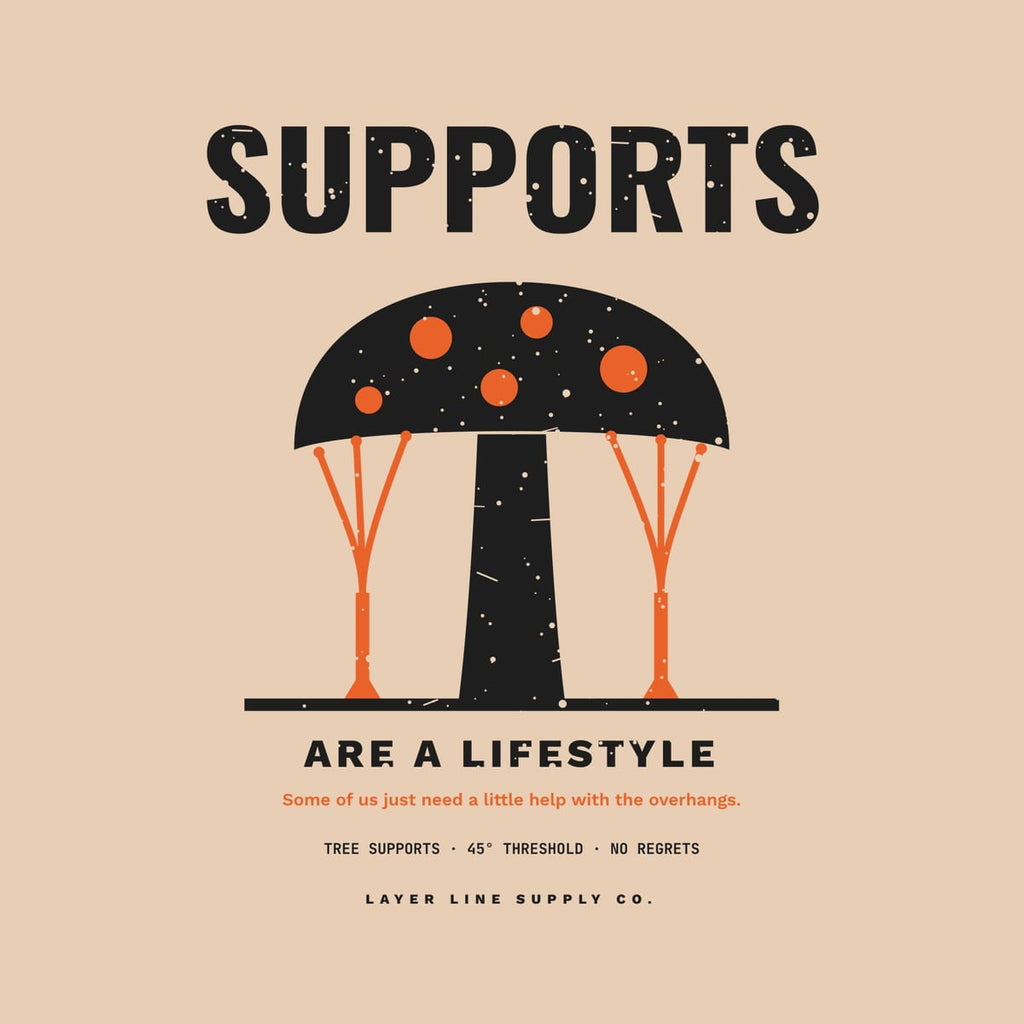Close-up of the Supports Are a Lifestyle print showing charcoal and orange ink detail