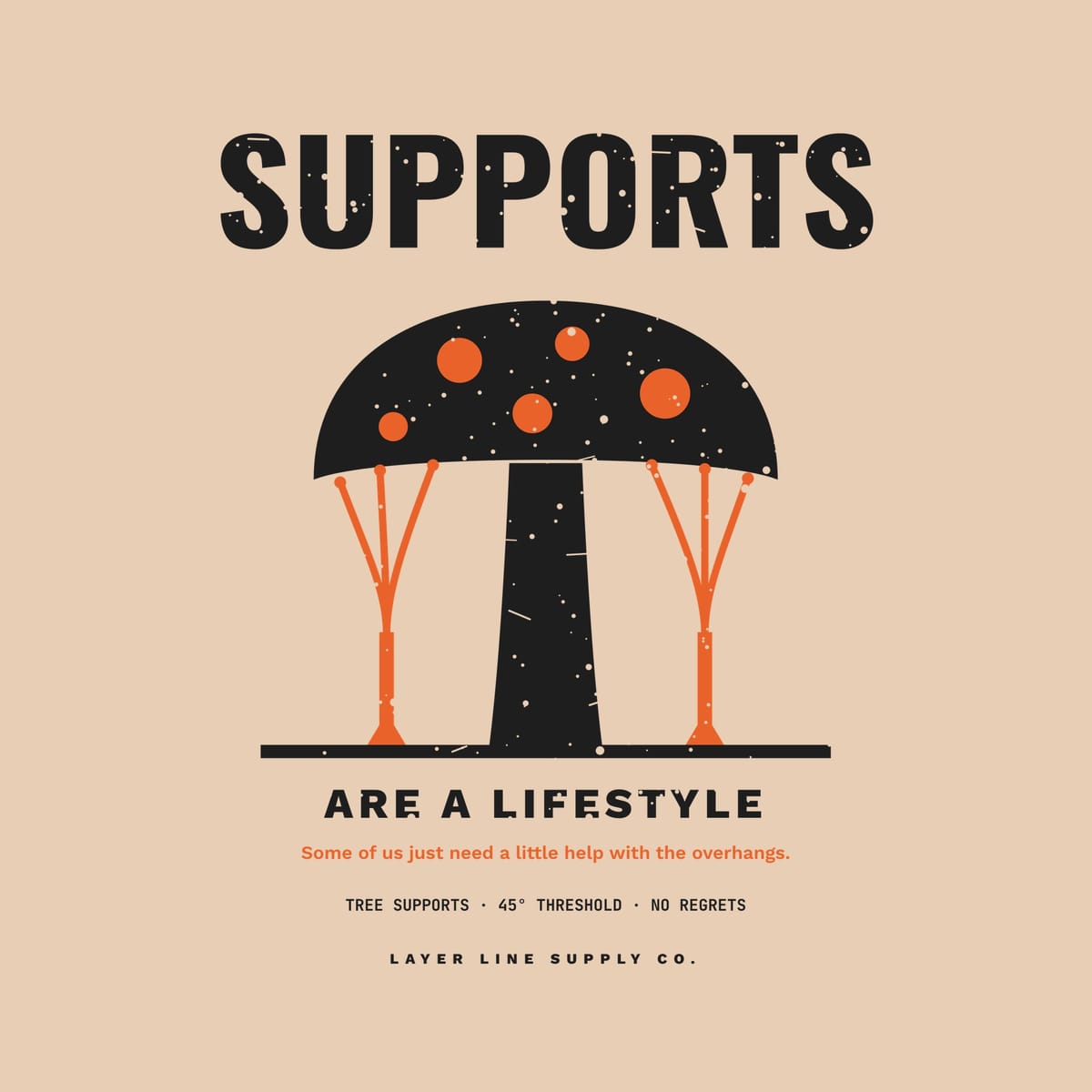 Close-up of the Supports Are a Lifestyle print showing charcoal and orange ink detail