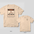 Level Your Bed Warning Sign 3D printing shirt shown back and front on Ivory Comfort Colors 1717: Distressed warning sign: "Warning" header, nozzle over a tilted print bed with knobs, "Level Your Bed, Before It Levels You" and "Paper test.…