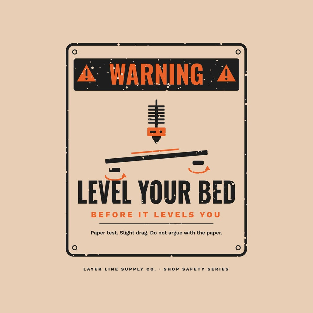 Close-up of the Level Your Bed Warning Sign print showing charcoal and orange ink detail