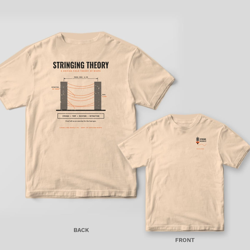 Stringing Theory 3D printing shirt shown back and front on Ivory Comfort Colors 1717: "Stringing Theory" diagram of two striped towers with orange strings, labeled travel move, retraction and PETG notes, plus "Strings = Temp × Moisture ÷…