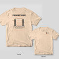 Stringing Theory 3D printing shirt shown back and front on Ivory Comfort Colors 1717: "Stringing Theory" diagram of two striped towers with orange strings, labeled travel move, retraction and PETG notes, plus "Strings = Temp × Moisture ÷…