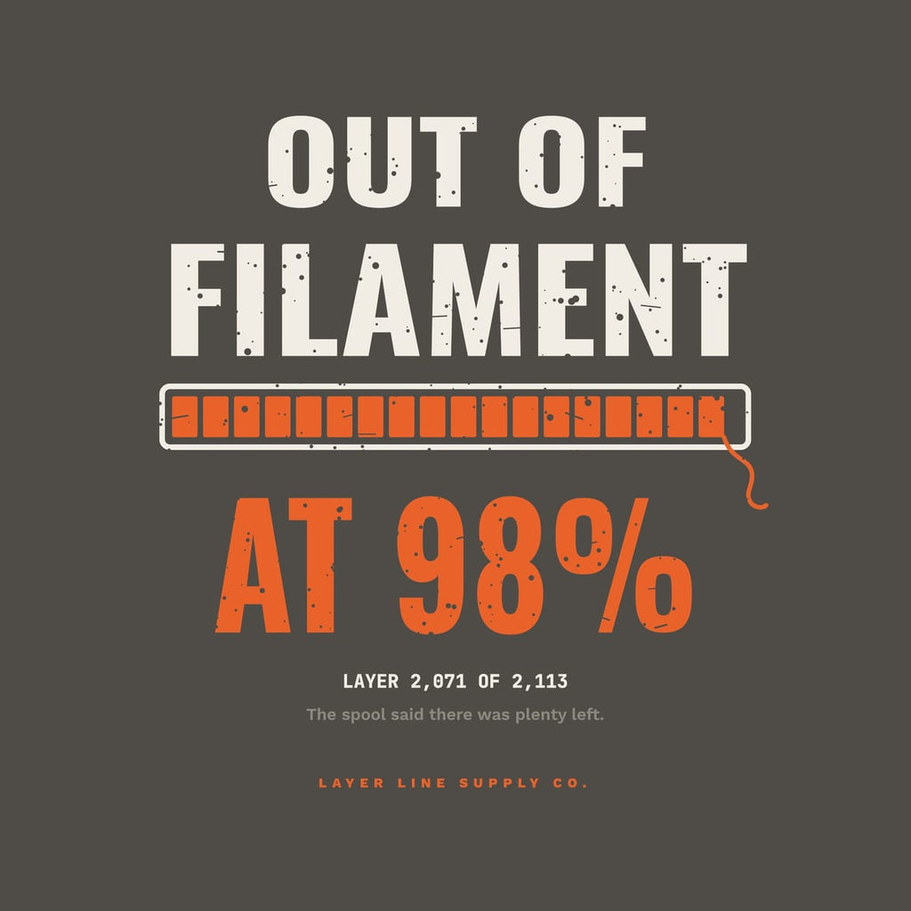 Close-up of the Out of Filament at 98 Percent print showing off-white, orange and grey ink detail