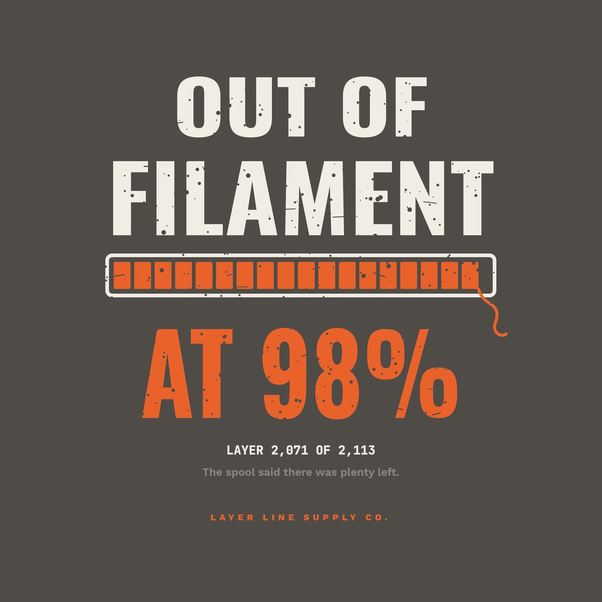 Close-up of the Out of Filament at 98 Percent print showing off-white, orange and grey ink detail