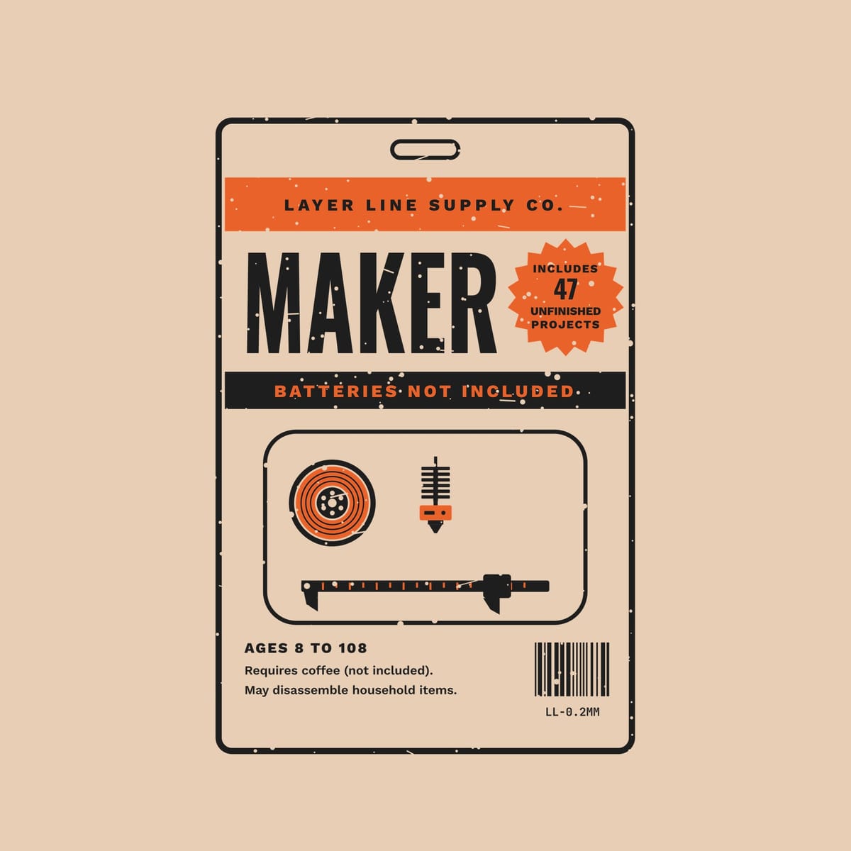 Close-up of the Maker Batteries Not Included print showing charcoal and orange ink detail
