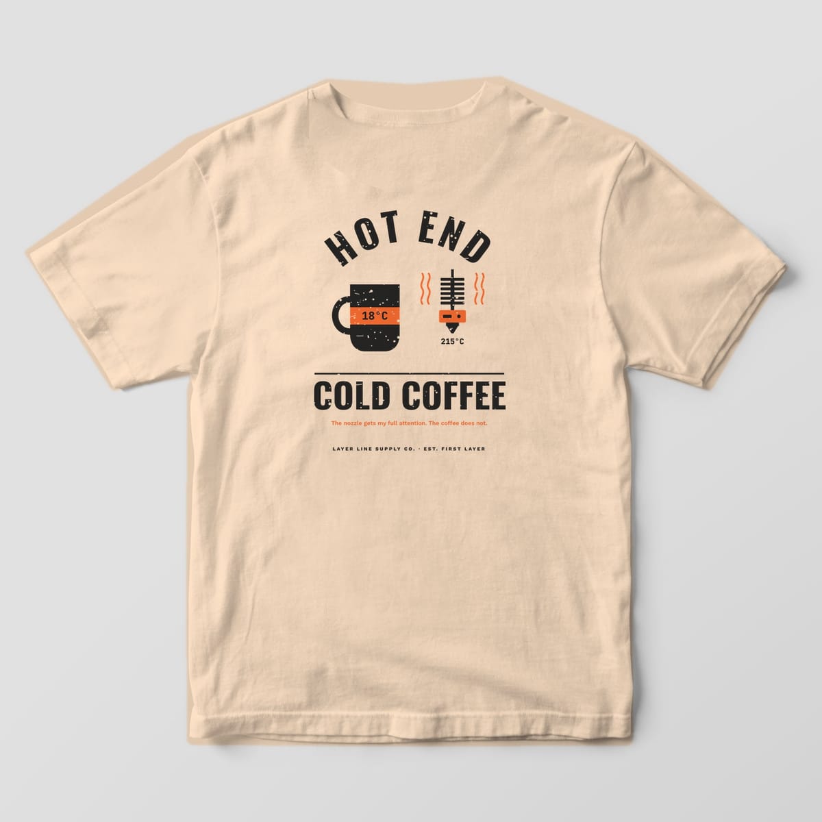 Back print on an Ivory Comfort Colors 1717 tee: Arched "Hot End" over a mug labeled 18°C beside a 215°C hot end with heat waves, and "Cold Coffee" in bold below