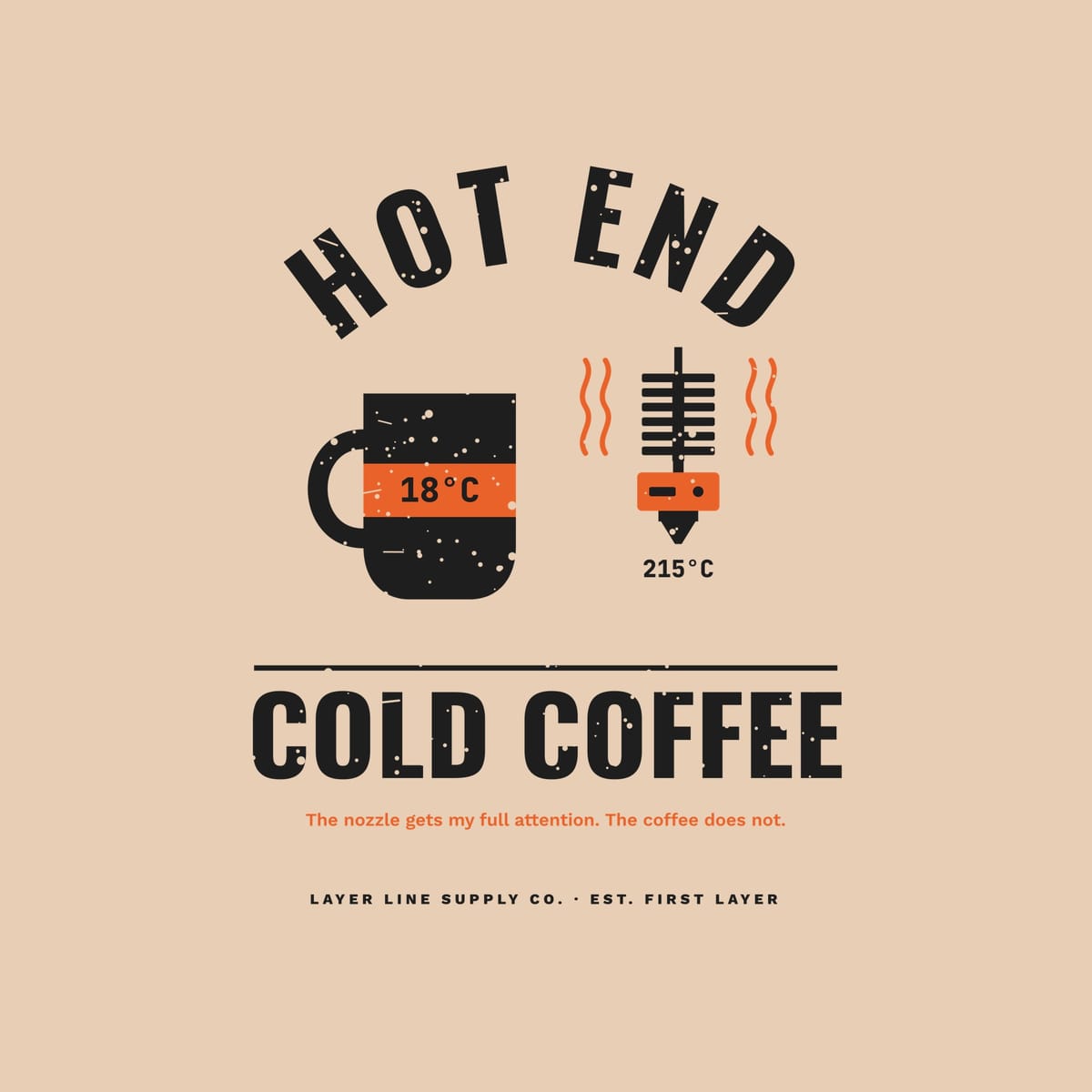 Close-up of the Hot End Cold Coffee print showing charcoal and orange ink detail
