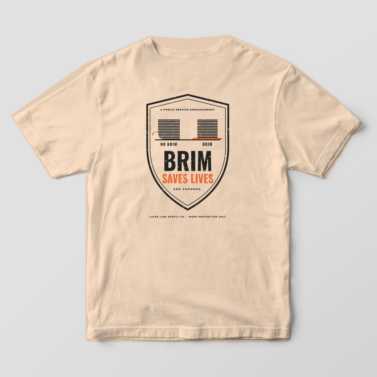Back print on an Ivory Comfort Colors 1717 tee: Shield crest: "A Public Service Announcement", a warped print with no brim next to a flat print on an orange brim, then "Brim Saves Lives" and "And Corners."