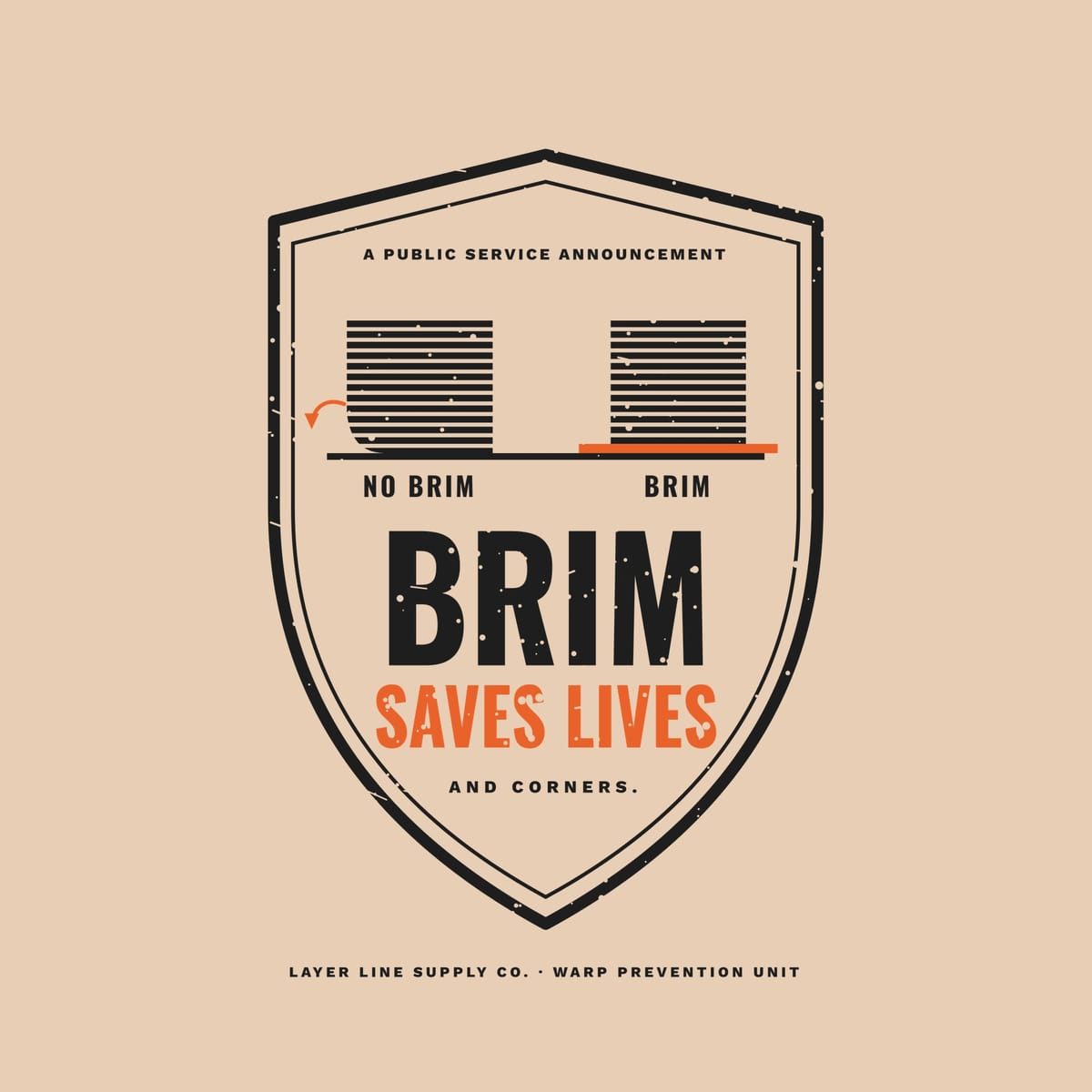 Close-up of the Brim Saves Lives print showing charcoal and orange ink detail
