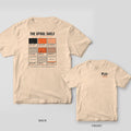 Filament Color Chart 3D printing shirt shown back and front on Ivory Comfort Colors 1717: "The Spool Shelf" color chart: nine paint-chip swatches in charcoal and orange patterns, each with a name, number and status like Opened, Impulse or…