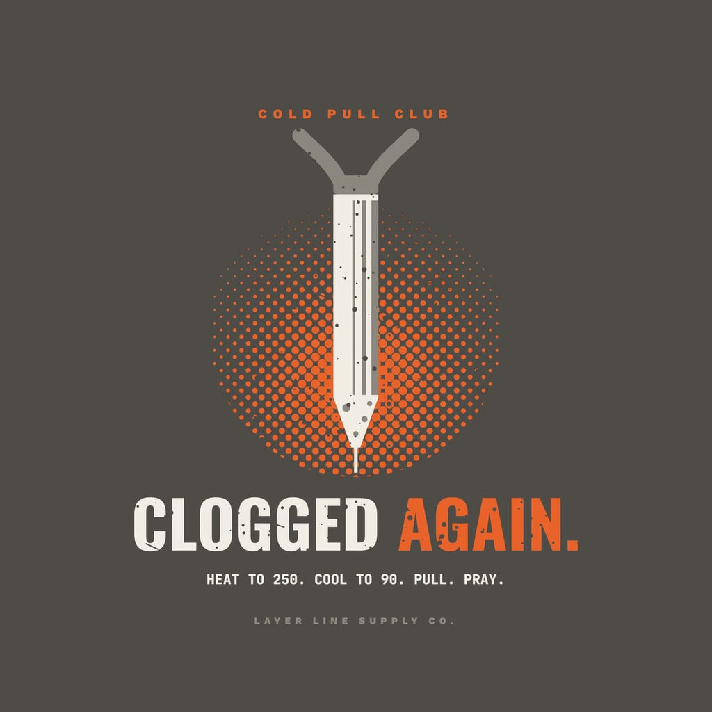 Close-up of the Clogged Again Cold Pull print showing off-white, orange and grey ink detail