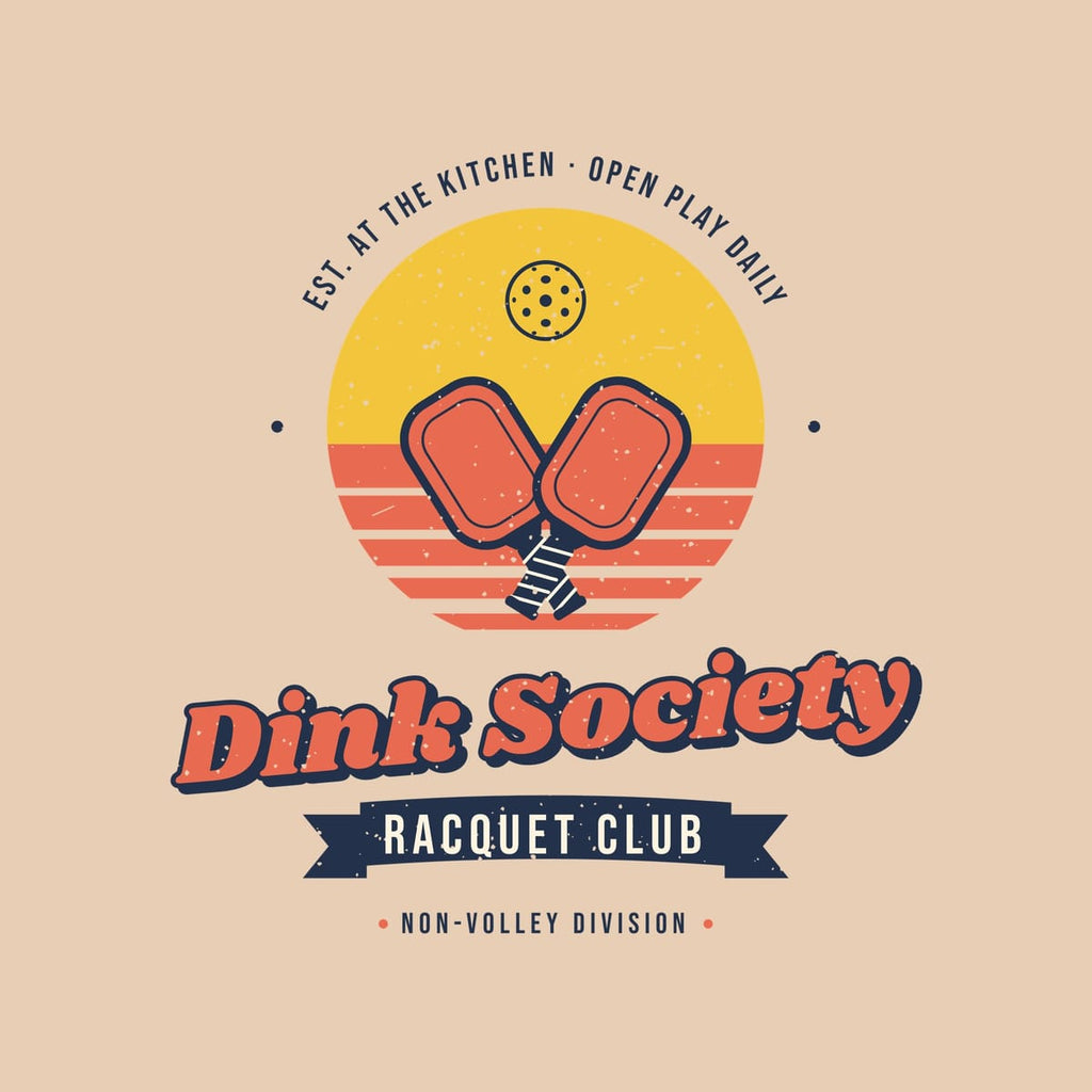 Close-up of the Dink Society Racquet Club print showing navy, coral and yellow ink detail