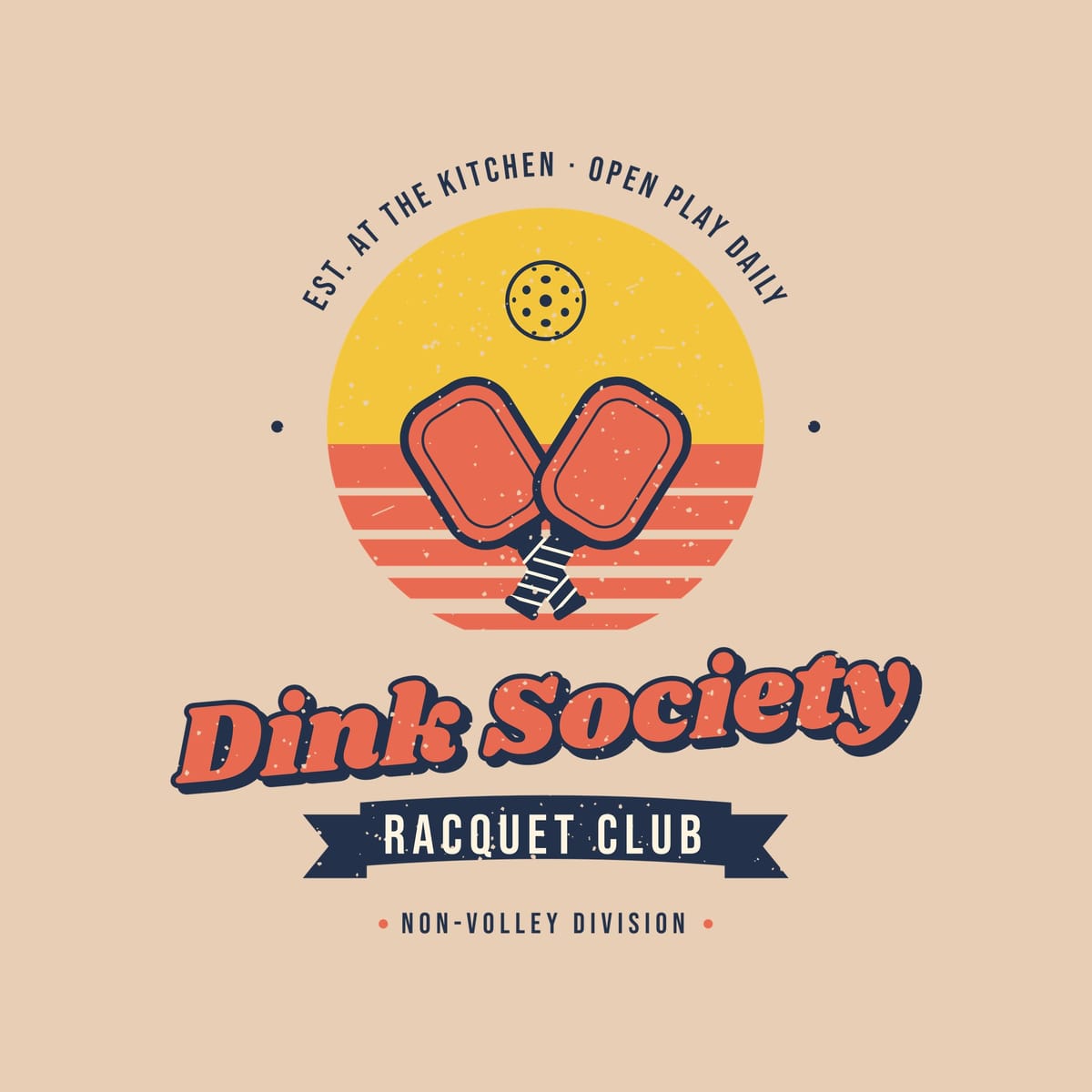 Close-up of the Dink Society Racquet Club print showing navy, coral and yellow ink detail