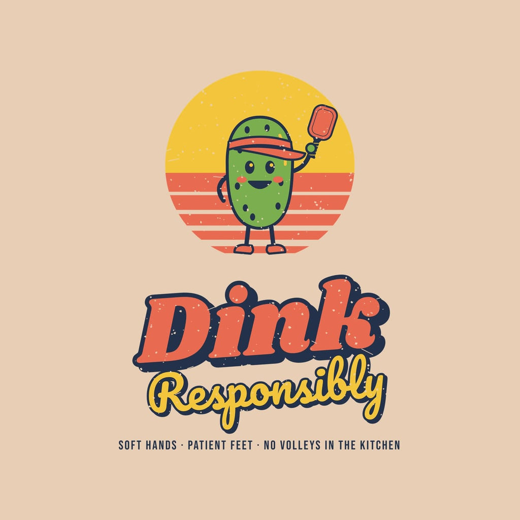 Close-up of the Dink Responsibly print showing navy, coral and yellow ink detail