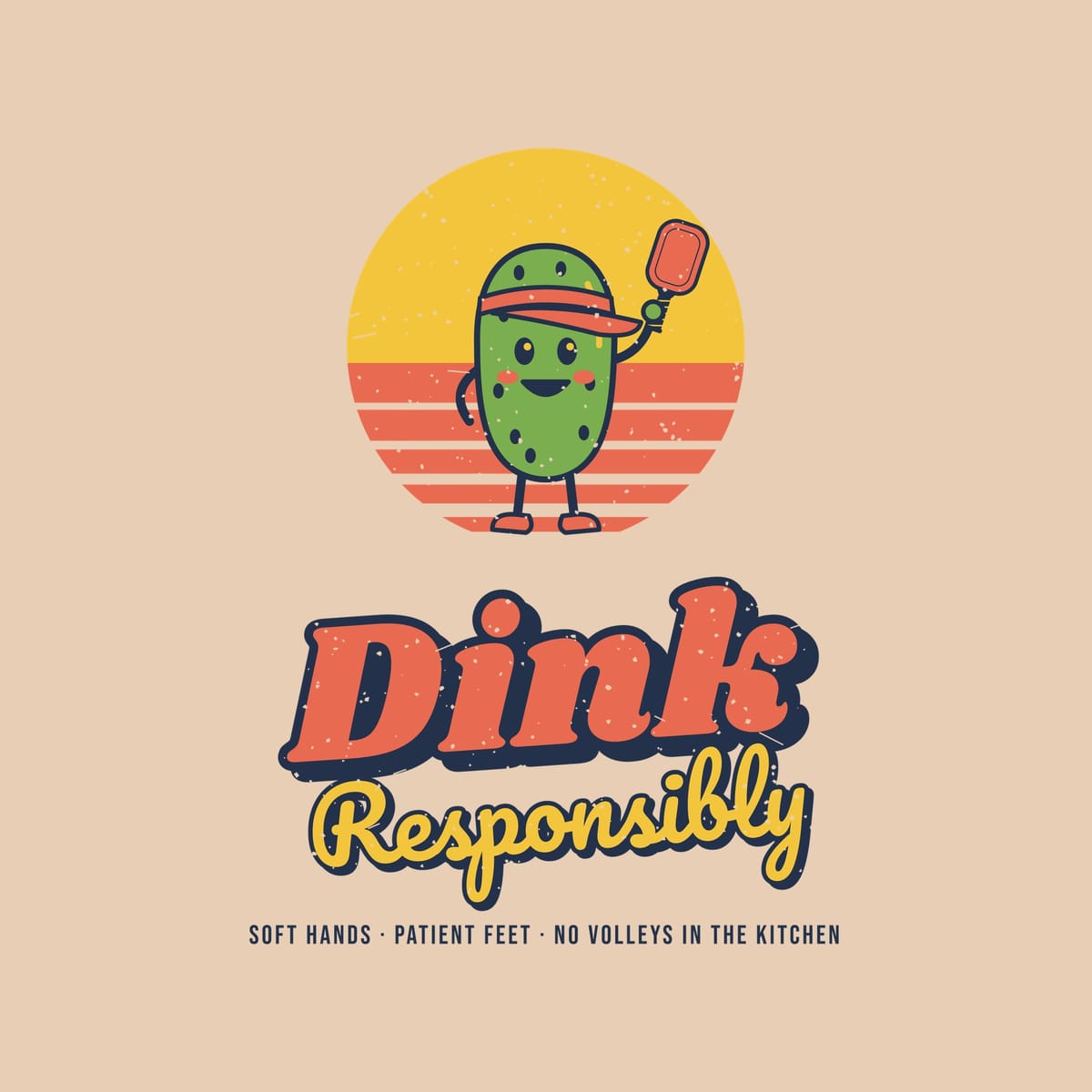 Close-up of the Dink Responsibly print showing navy, coral and yellow ink detail