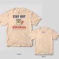 Stay Out of the Kitchen pickleball shirt shown back and front on Ivory Comfort Colors 1717: Stay Out of the Kitchen full-front print with a retro stove holding a pickleball and a coral paddle
