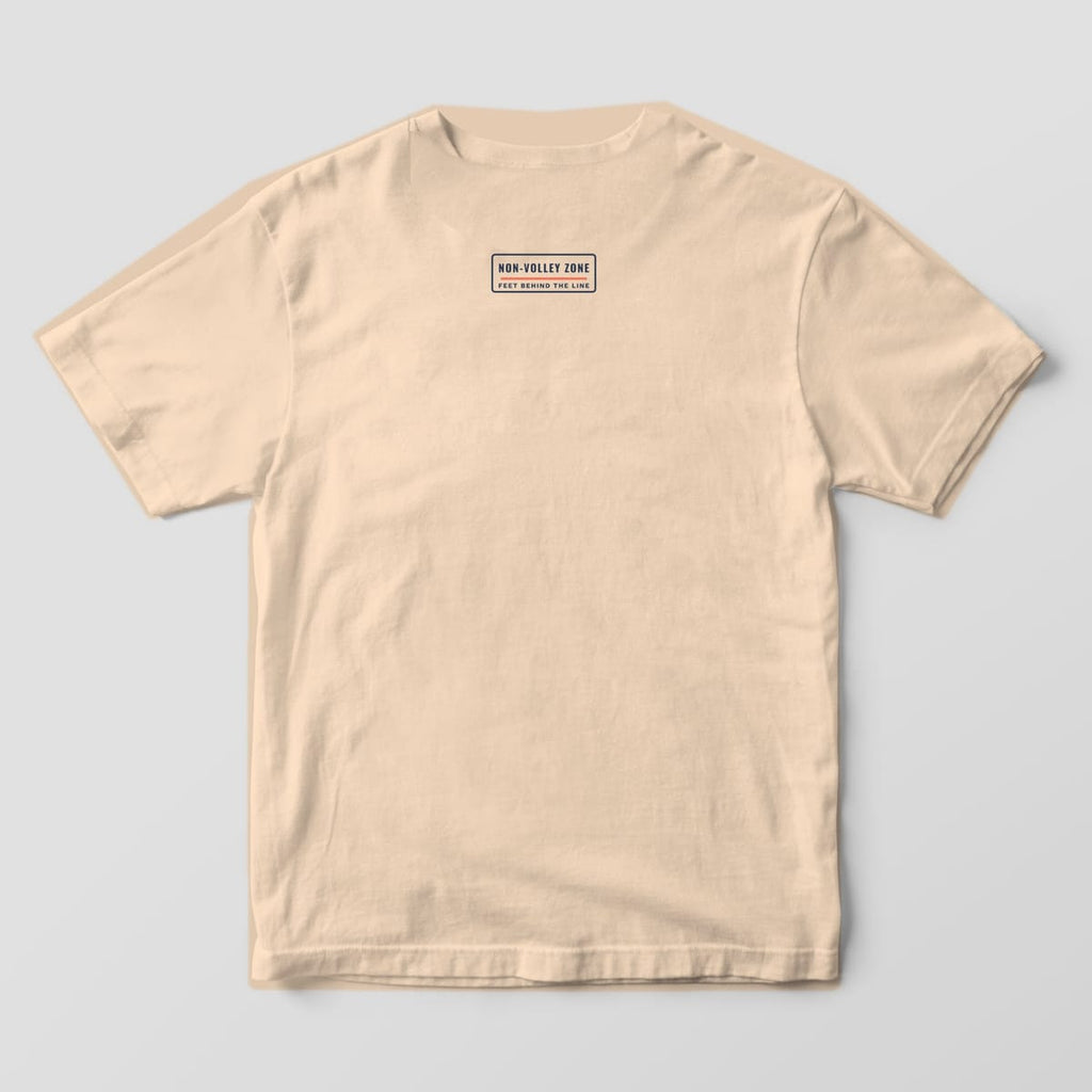Back print on an Ivory Comfort Colors 1717 tee: Stay Out of the Kitchen full-front print with a retro stove holding a pickleball and a coral paddle