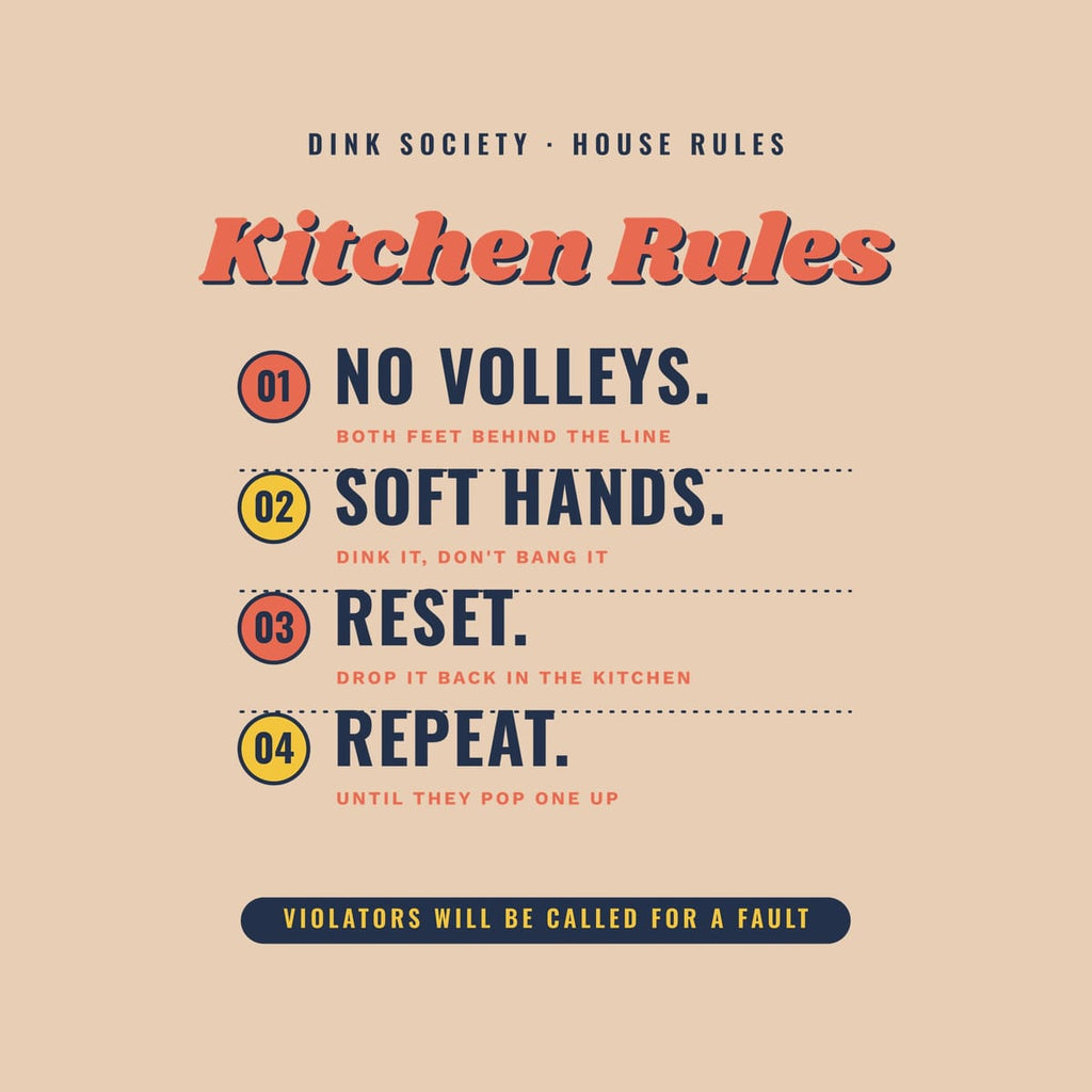 Close-up of the Kitchen Rules print showing navy, coral and yellow ink detail