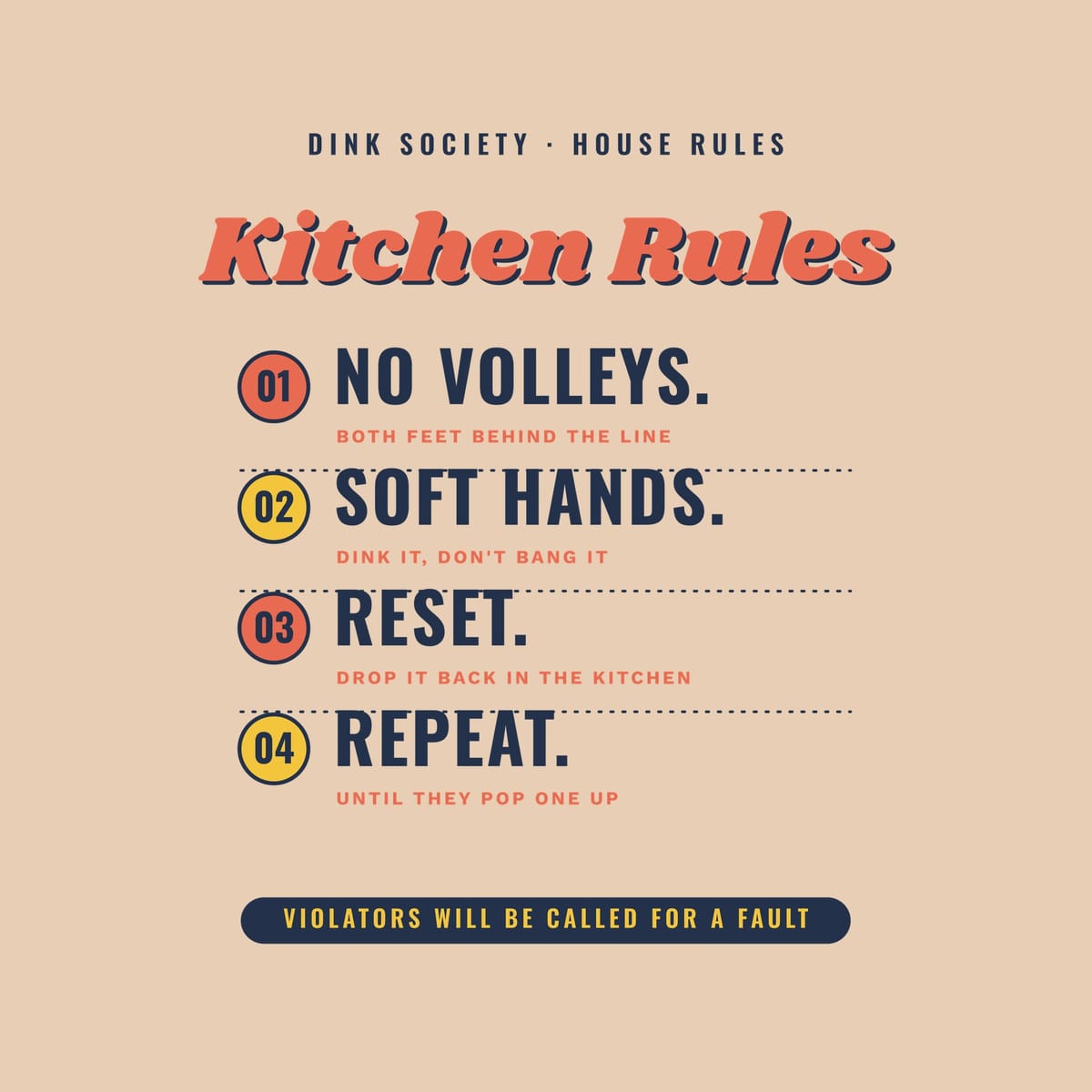 Close-up of the Kitchen Rules print showing navy, coral and yellow ink detail