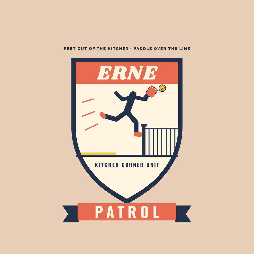 Close-up of the Erne Patrol print showing navy, coral and yellow ink detail