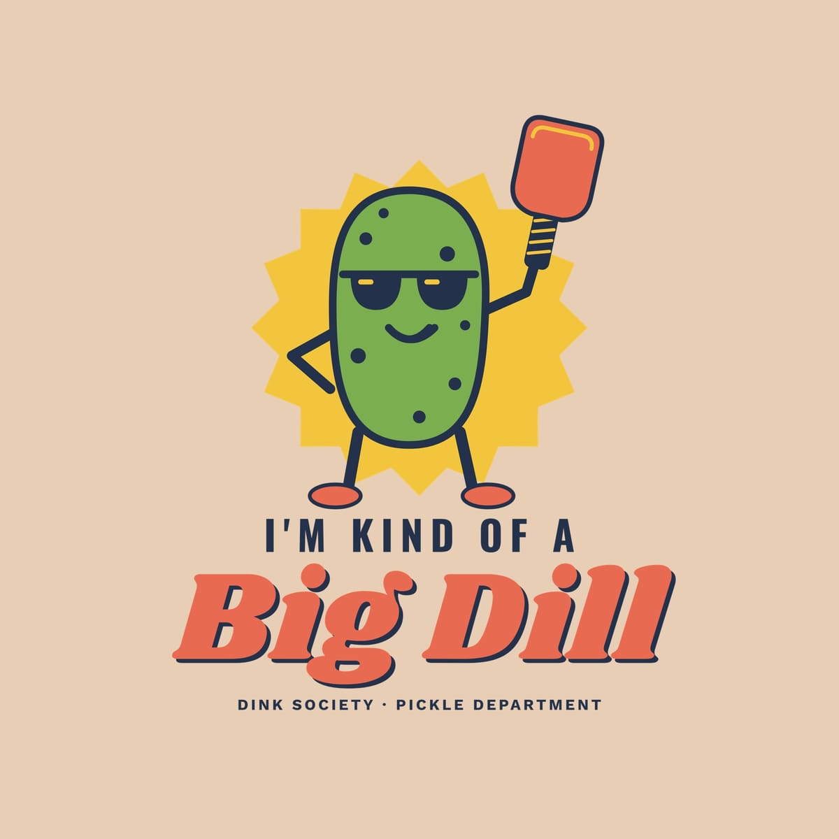 Close-up of the Big Dill print showing navy, coral and yellow ink detail