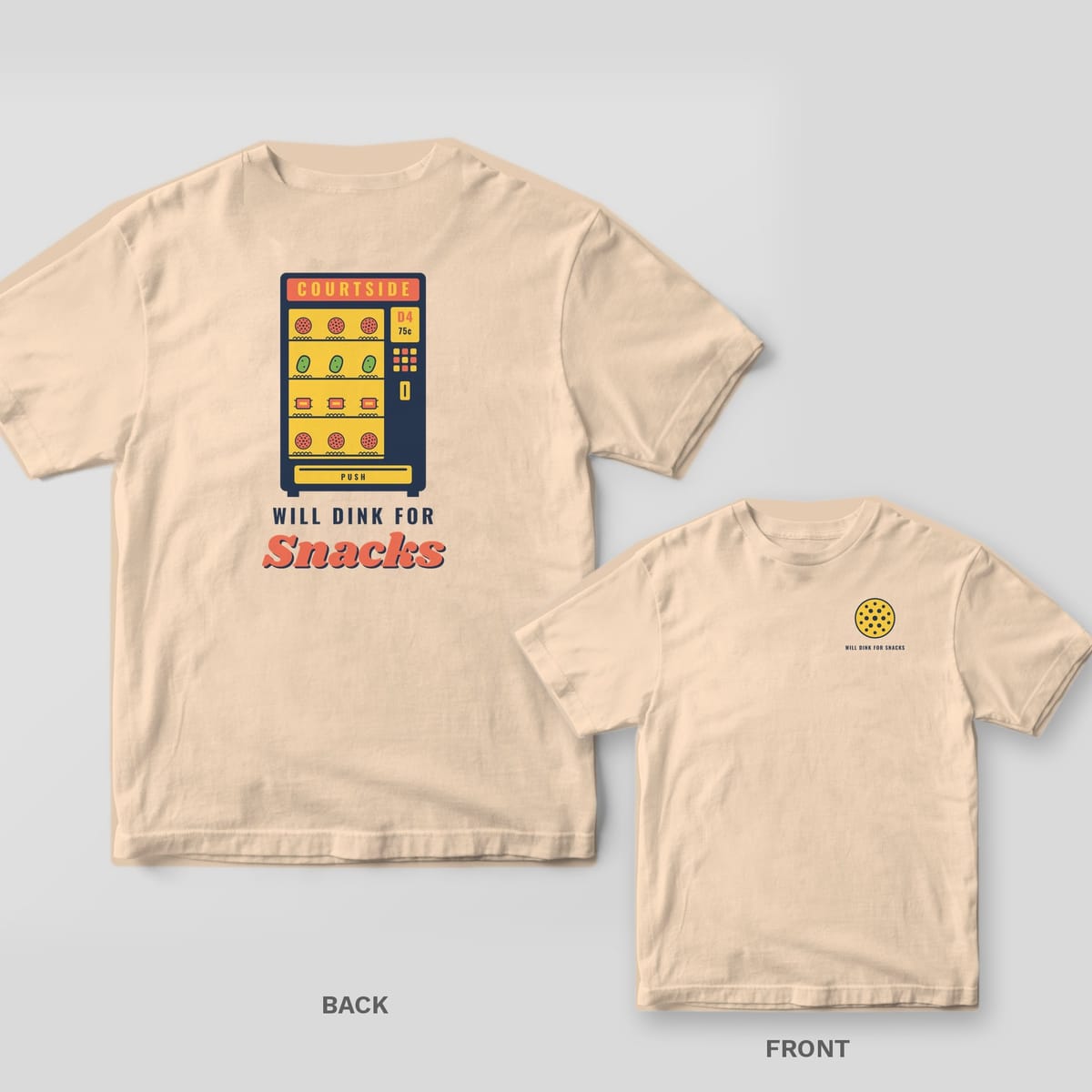 Will Dink for Snacks pickleball shirt shown back and front on Ivory Comfort Colors 1717: Navy retro vending machine stocked with pickleballs and pickles over Will Dink for Snacks text