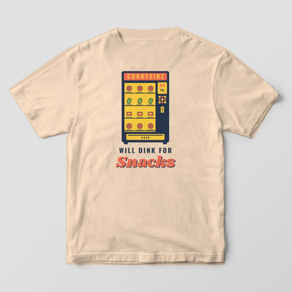 Back print on an Ivory Comfort Colors 1717 tee: Navy retro vending machine stocked with pickleballs and pickles over Will Dink for Snacks text