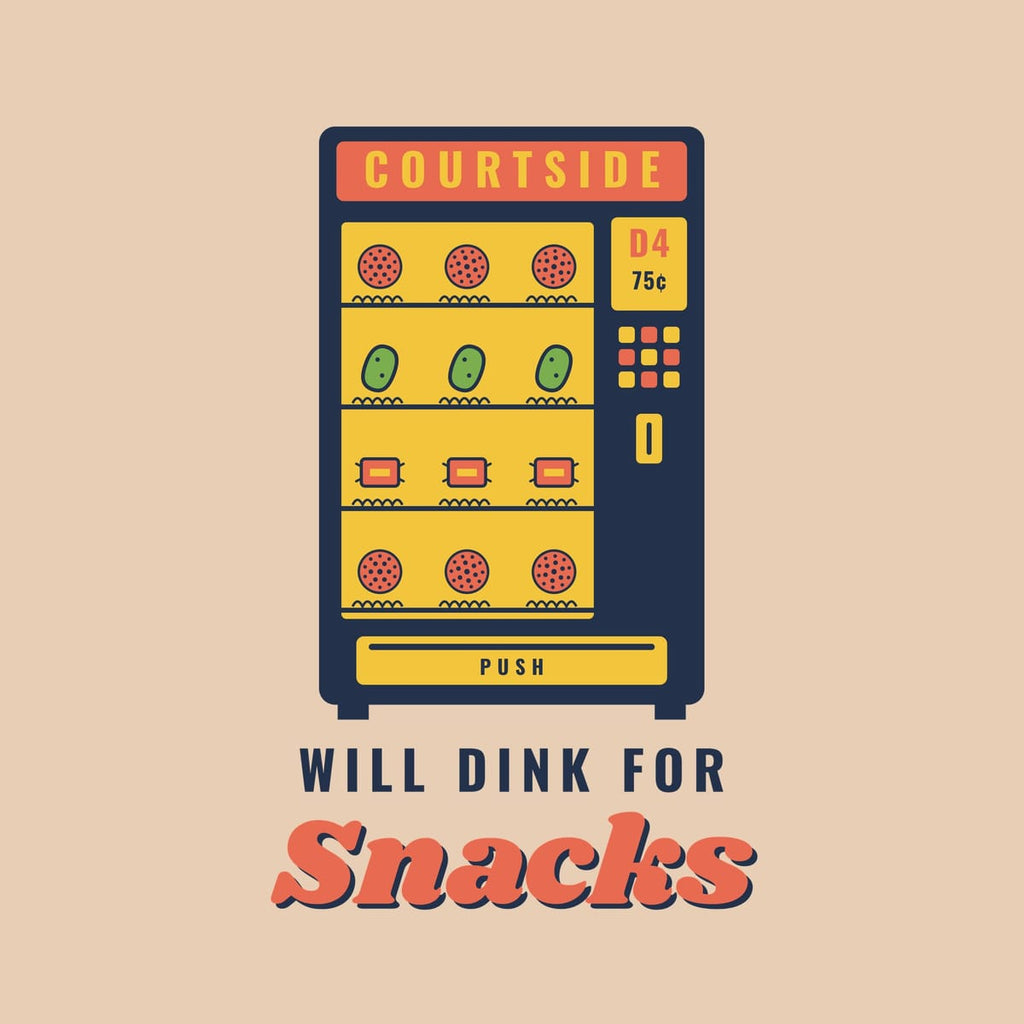 Close-up of the Will Dink for Snacks print showing navy, coral and yellow ink detail