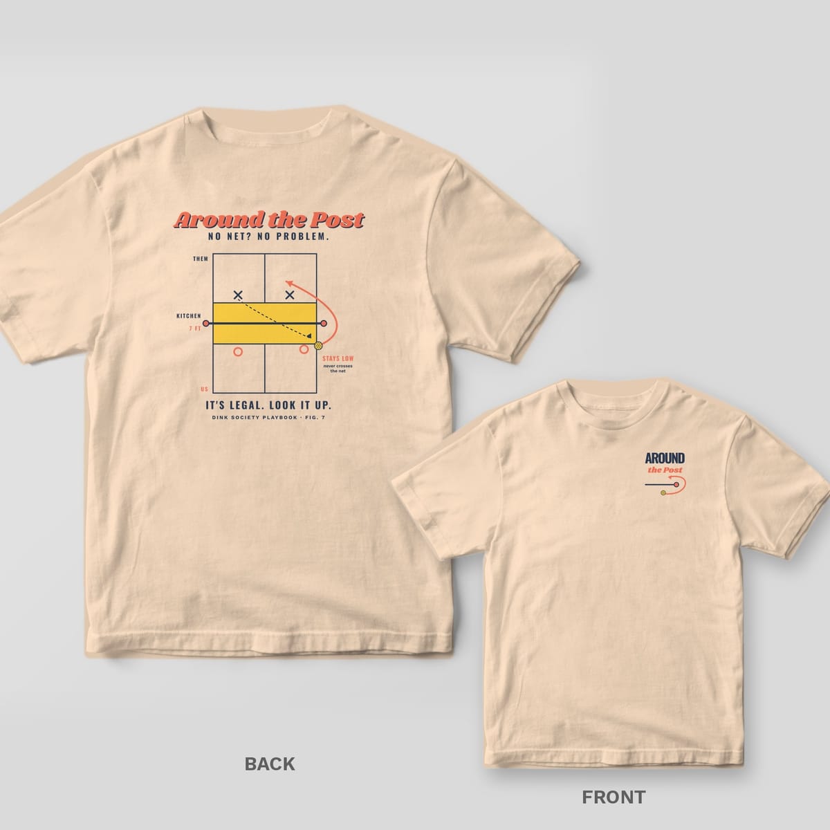 Around the Post pickleball shirt shown back and front on Ivory Comfort Colors 1717: Overhead pickleball court diagram with a coral arrow sending the ball around the net post