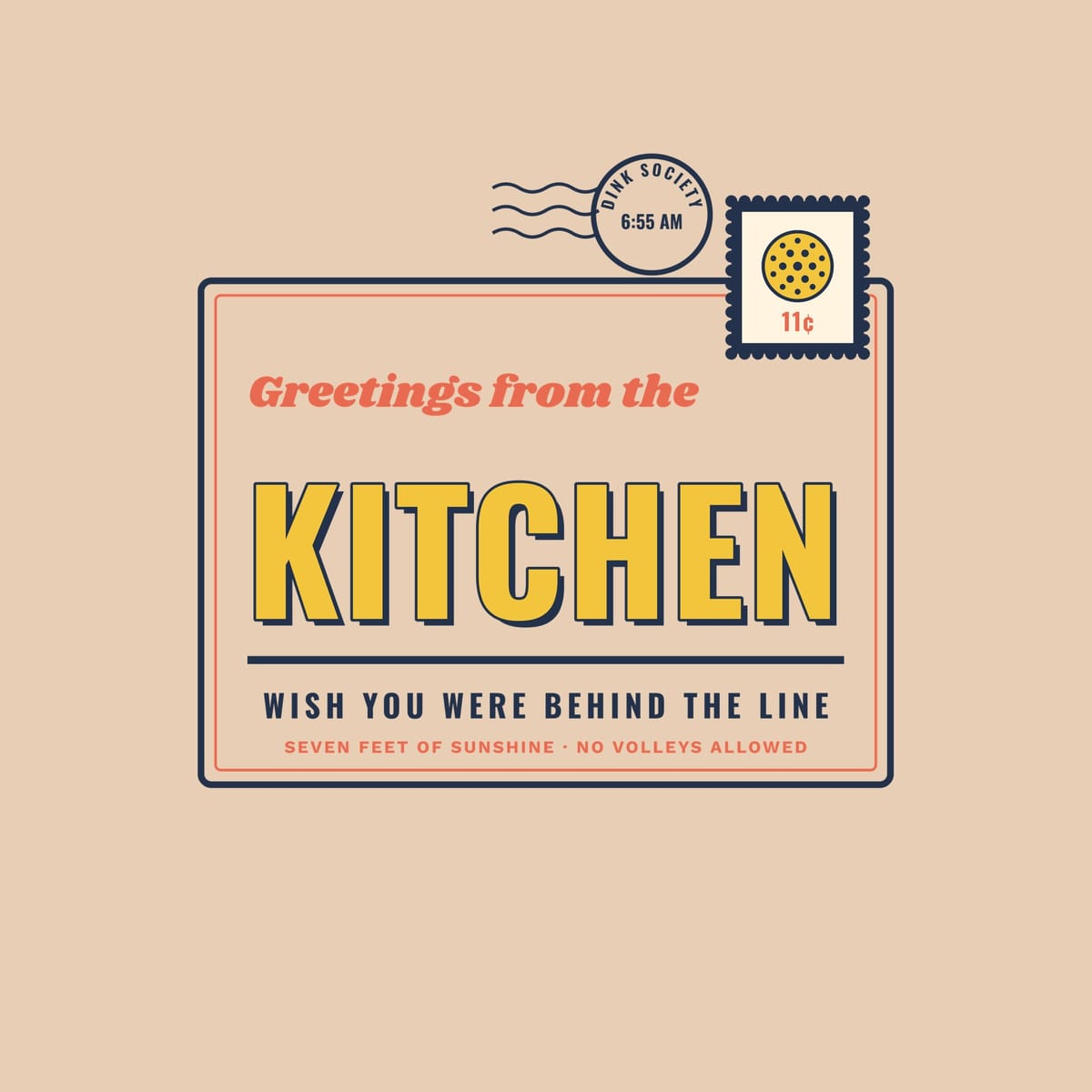 Close-up of the Greetings from the Kitchen print showing navy, coral and yellow ink detail