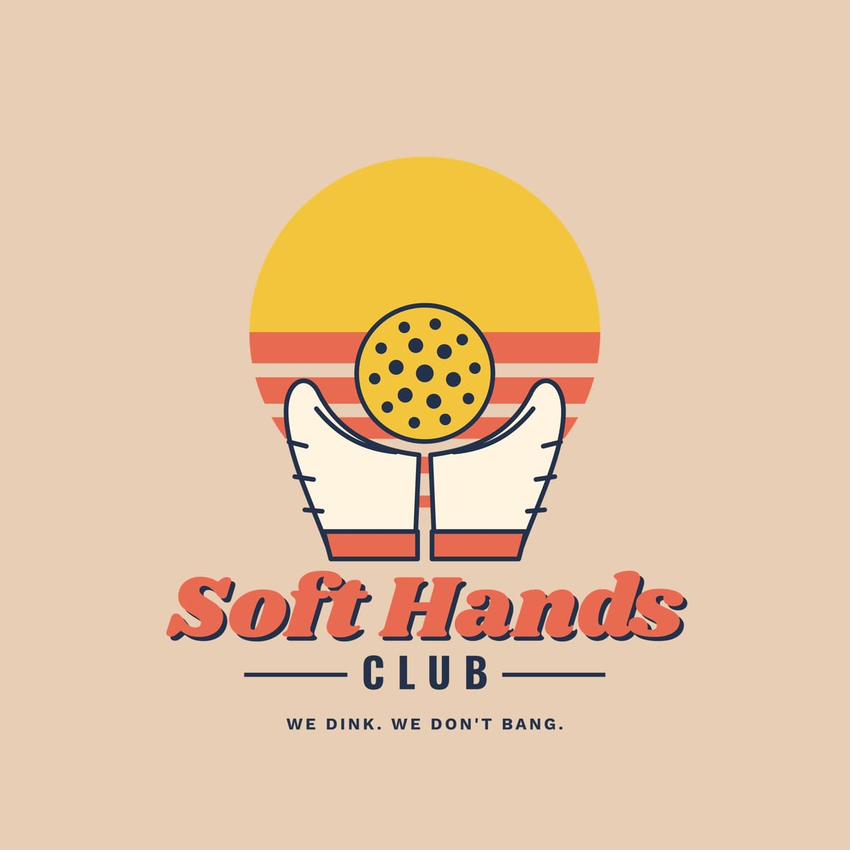 Close-up of the Soft Hands Club print showing navy, coral and yellow ink detail