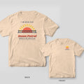 Dawn Patrol pickleball shirt shown back and front on Ivory Comfort Colors 1717: Coral sun rising behind a navy pickleball net with yellow rays and Dawn Patrol script