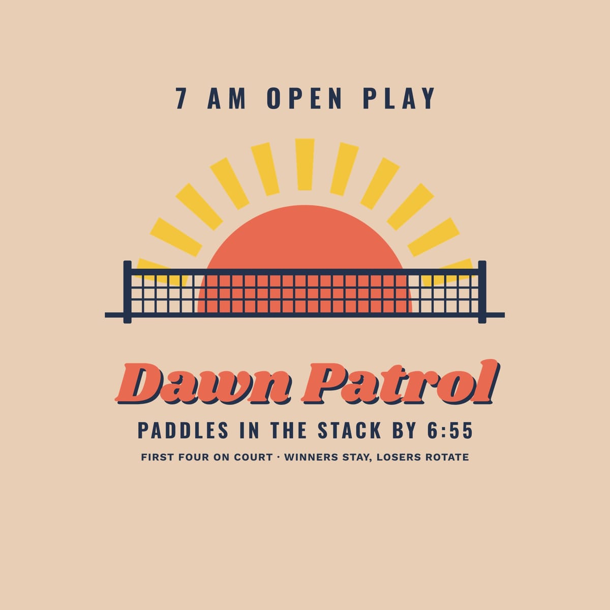 Close-up of the Dawn Patrol print showing navy, coral and yellow ink detail