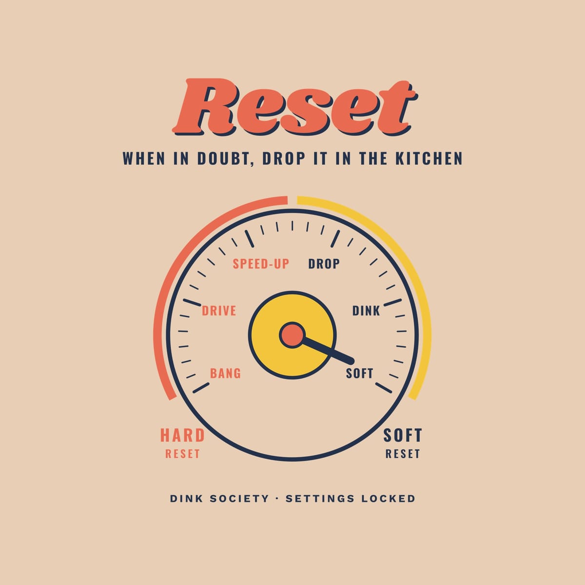 Close-up of the Soft Reset print showing navy, coral and yellow ink detail