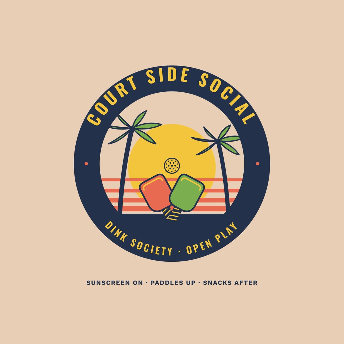 Close-up of the Court Side Social print showing navy, coral and yellow ink detail