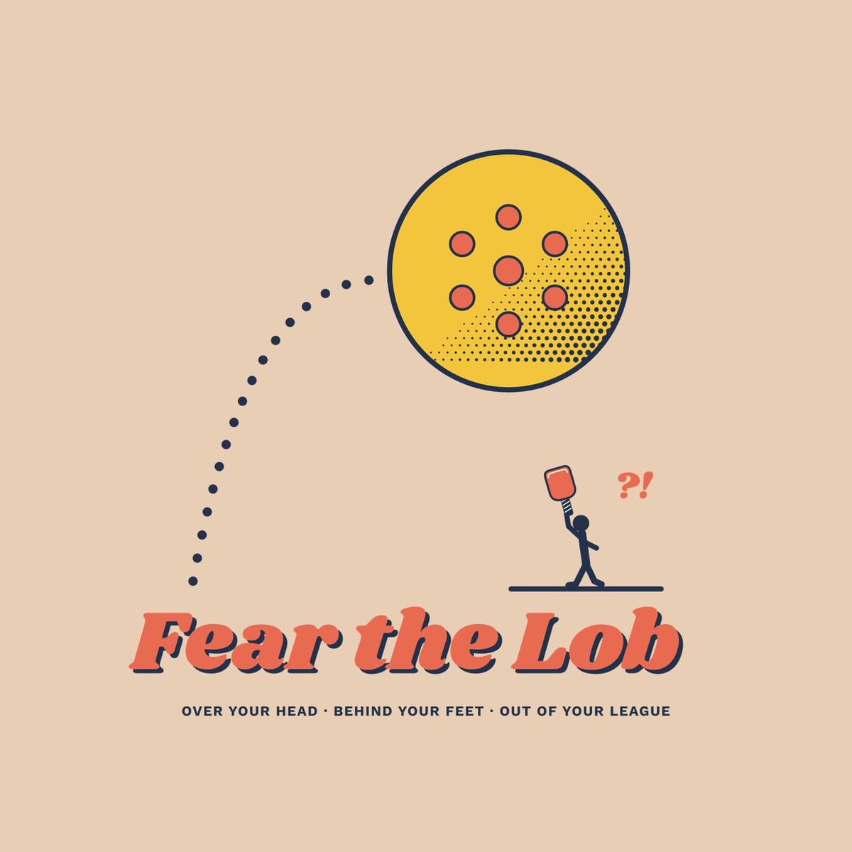 Close-up of the Fear the Lob print showing navy, coral and yellow ink detail