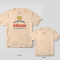 Pickleball Mom pickleball shirt shown back and front on Ivory Comfort Colors 1717: Pickleball Mom full-front print with a yellow pickleball heart and big coral Mom script