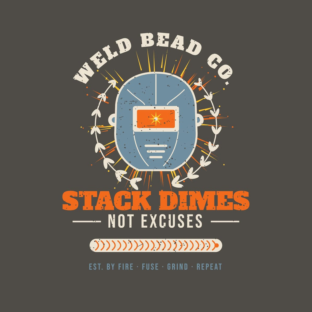 Close-up of the Stack Dimes, Not Excuses print showing bone, arc orange and steel blue ink detail