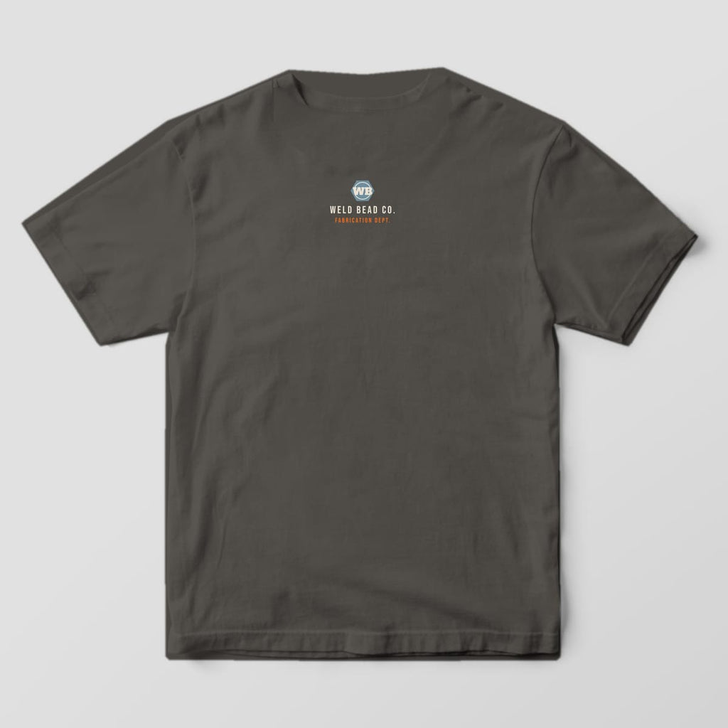 Back print on a Pepper Comfort Colors 1717 tee: Small back-neck hex nut "WB" logo with "Weld Bead Co." and "Fabrication Dept."