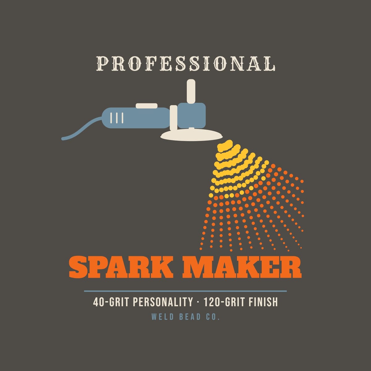 Close-up of the Professional Spark Maker print showing bone, arc orange and steel blue ink detail