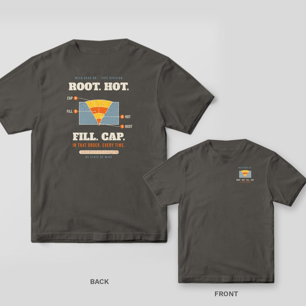 Root. Hot. Fill. Cap. welder shirt shown back and front on Pepper Comfort Colors 1717: "Root. Hot. Fill. Cap." around a labeled multi-pass weld cross-section, with "In That Order. Every Time.", a bead bar and "6G State of Mind"