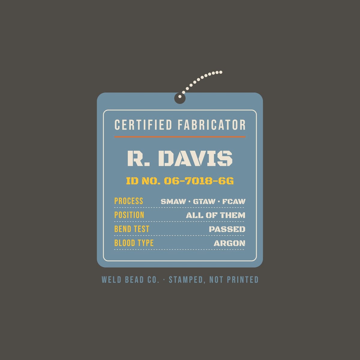 Close-up of the Certified Fabricator Tag (custom name) print showing bone, arc orange and steel blue ink detail