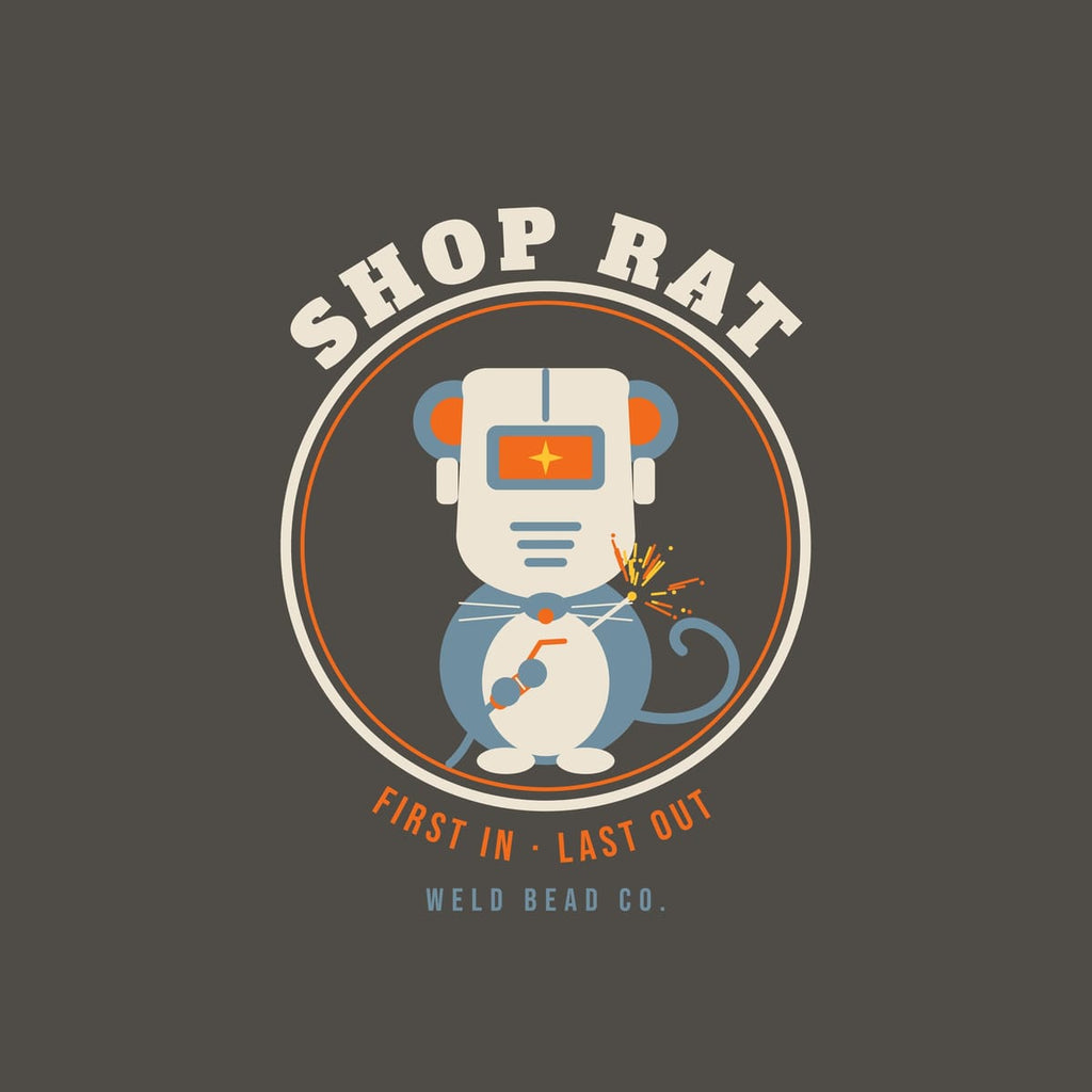 Close-up of the Shop Rat print showing bone, arc orange and steel blue ink detail